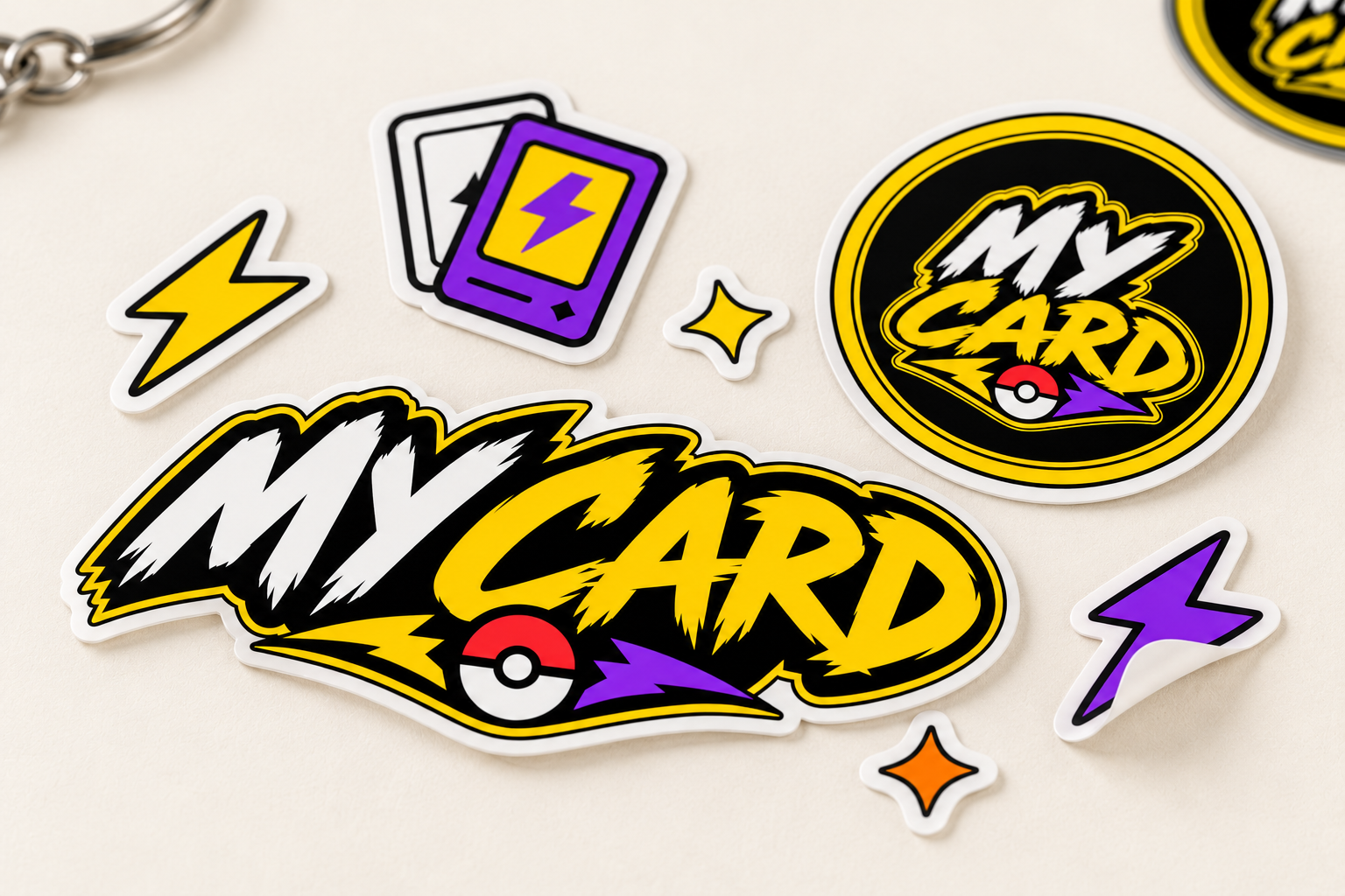 Adesivos recortados com logo My Card, selo, cartas, raios e brilhos