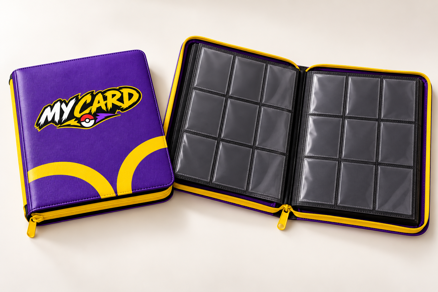 Álbum violeta My Card fechado e aberto, mostrando os bolsos para cartas e o acabamento amarelo