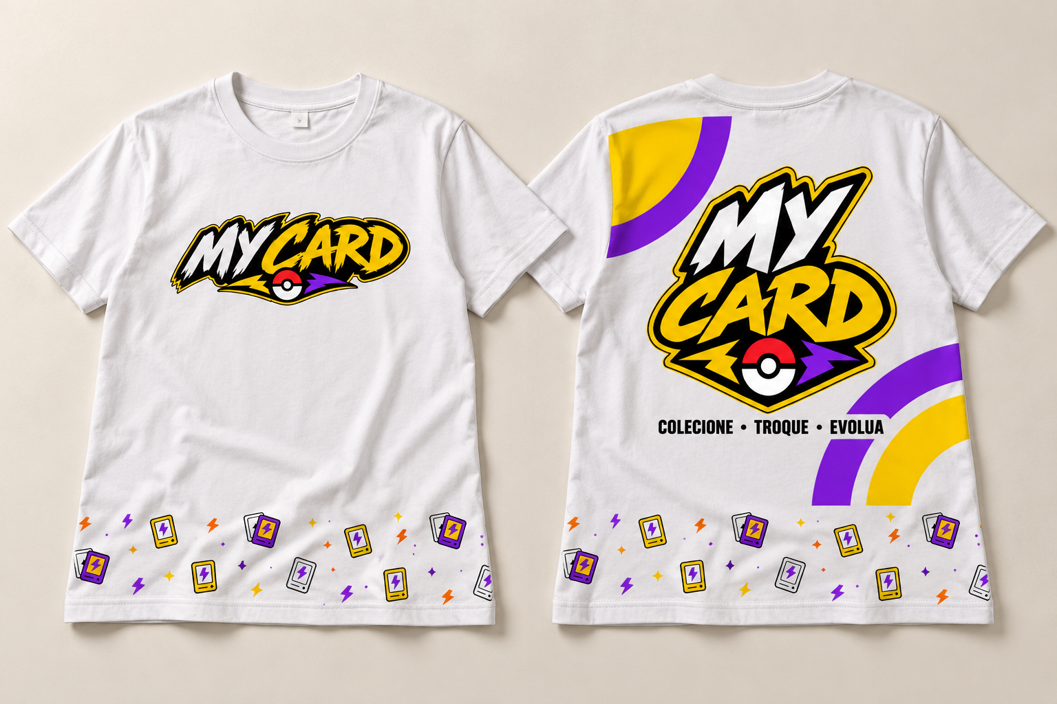 Camiseta My Card branca vista pela frente e por trás, com logo e aplicações dos padrões
