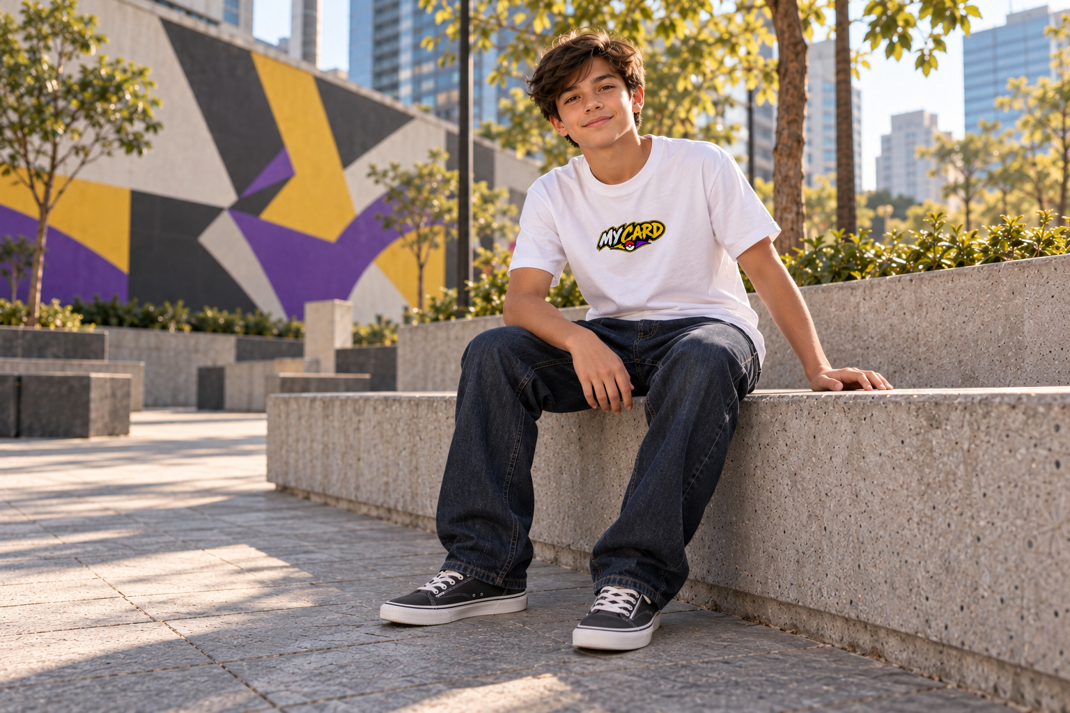 Jovem sentado em uma praça, usando camiseta branca com logo My Card discreta