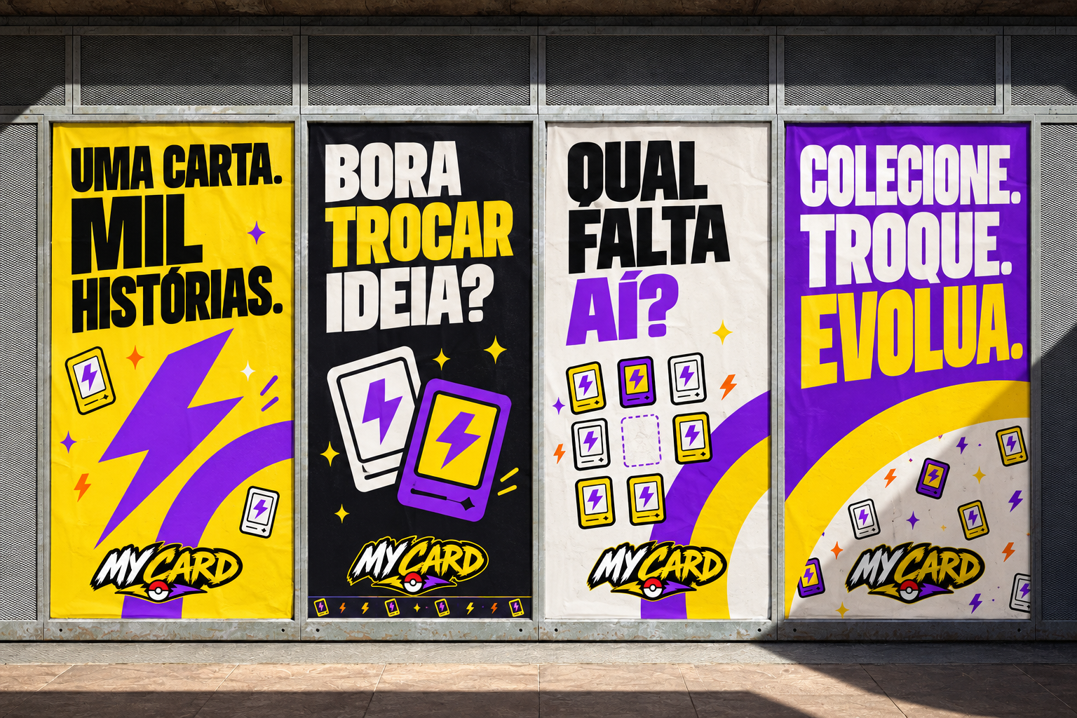 Quatro pôsteres My Card aplicados em uma fachada, com chamadas curtas, padrões e grafismos