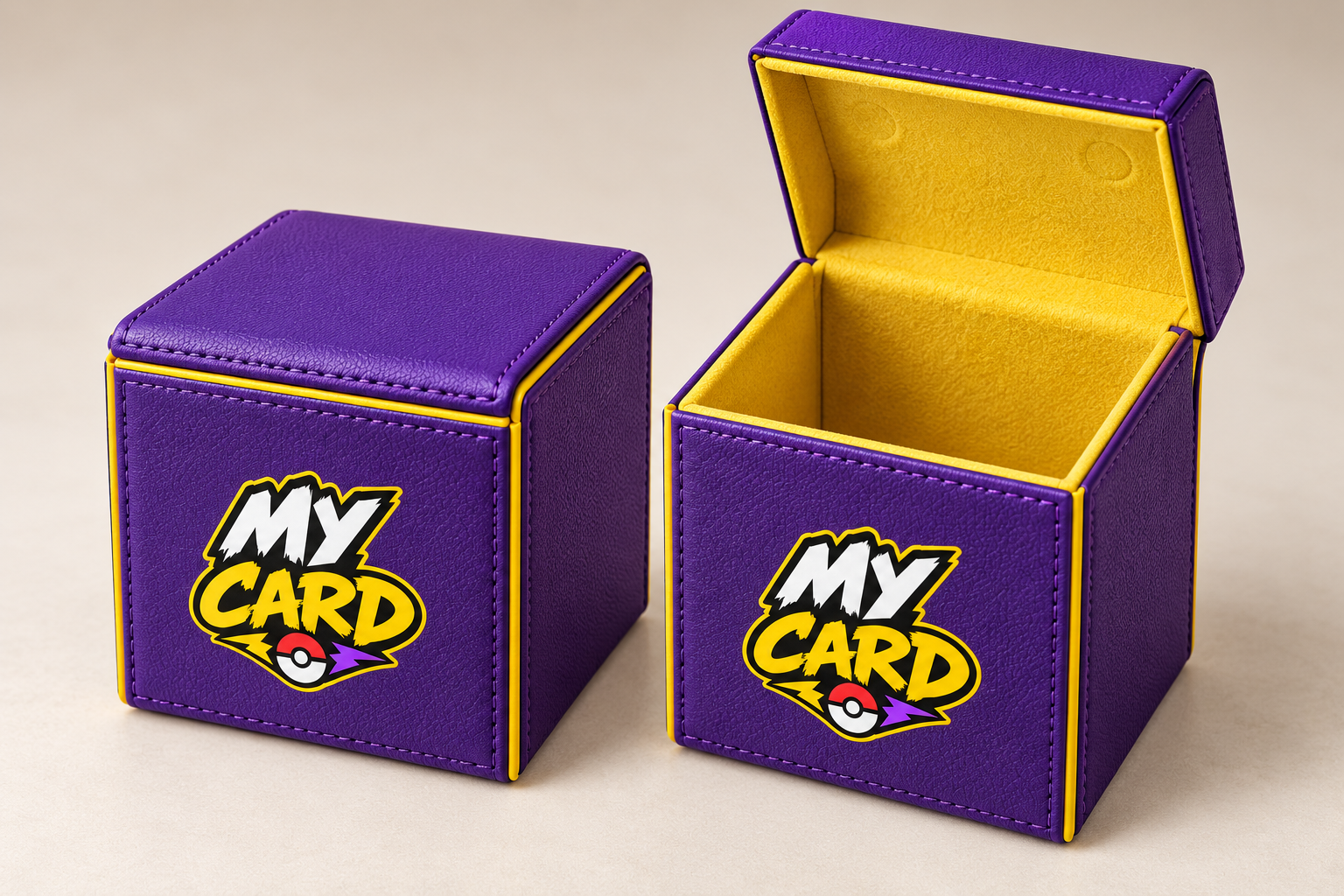 Deck boxes violetas My Card, com logo compacta e interior amarelo