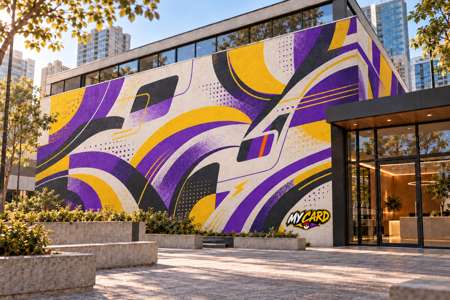 Fachada conceitual My Card com mural geométrico violeta e amarelo, texturas e logo integrada no canto