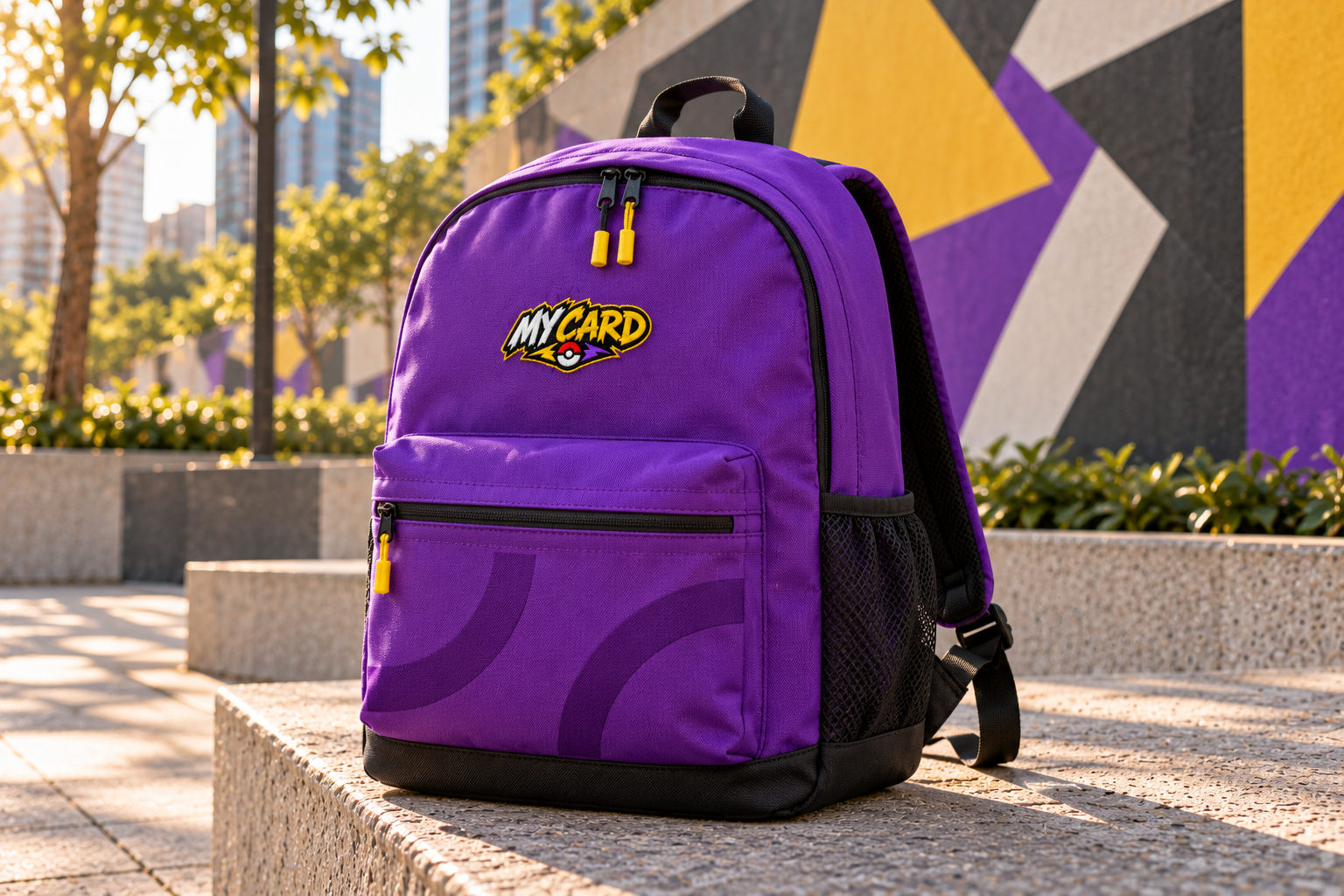 Mochila violeta My Card com bordado discreto e curvas em baixo contraste, próxima ao mural