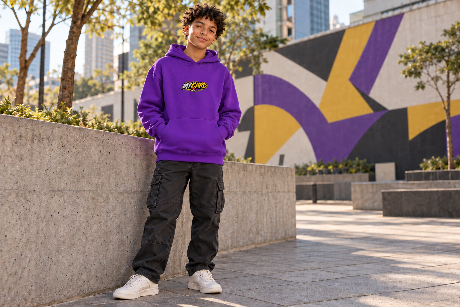 Jovem com moletom violeta My Card em uma praça com mural geométrico