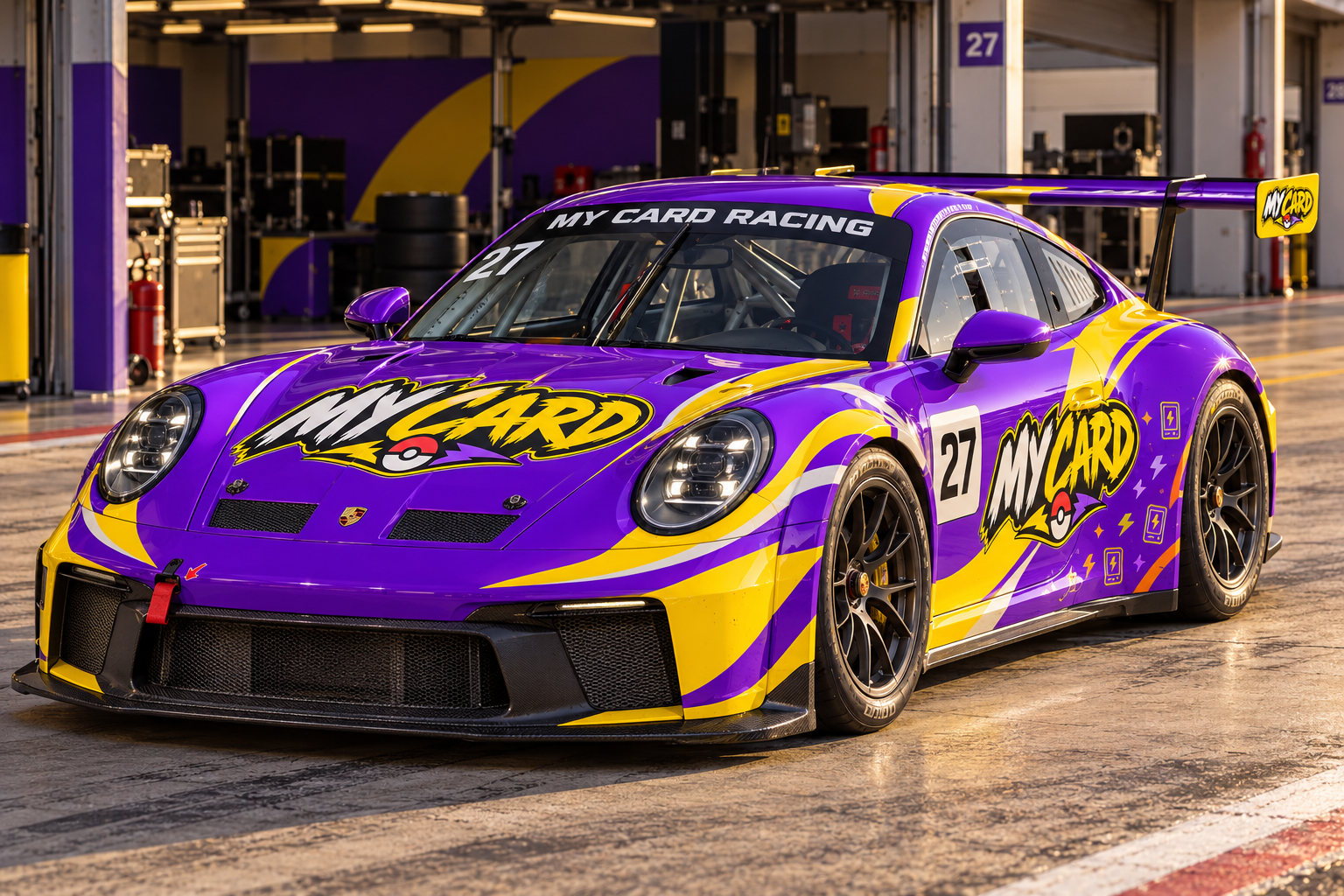 Conceito My Card Racing em carro de competição, com pintura violeta e amarela e apenas a marca My Card