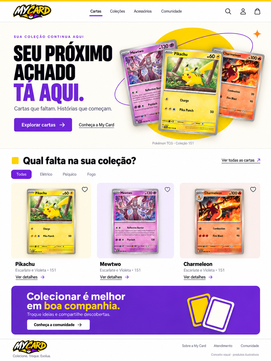 Página inicial My Card com cartas em destaque, fundo claro e acentos amarelos e violetas